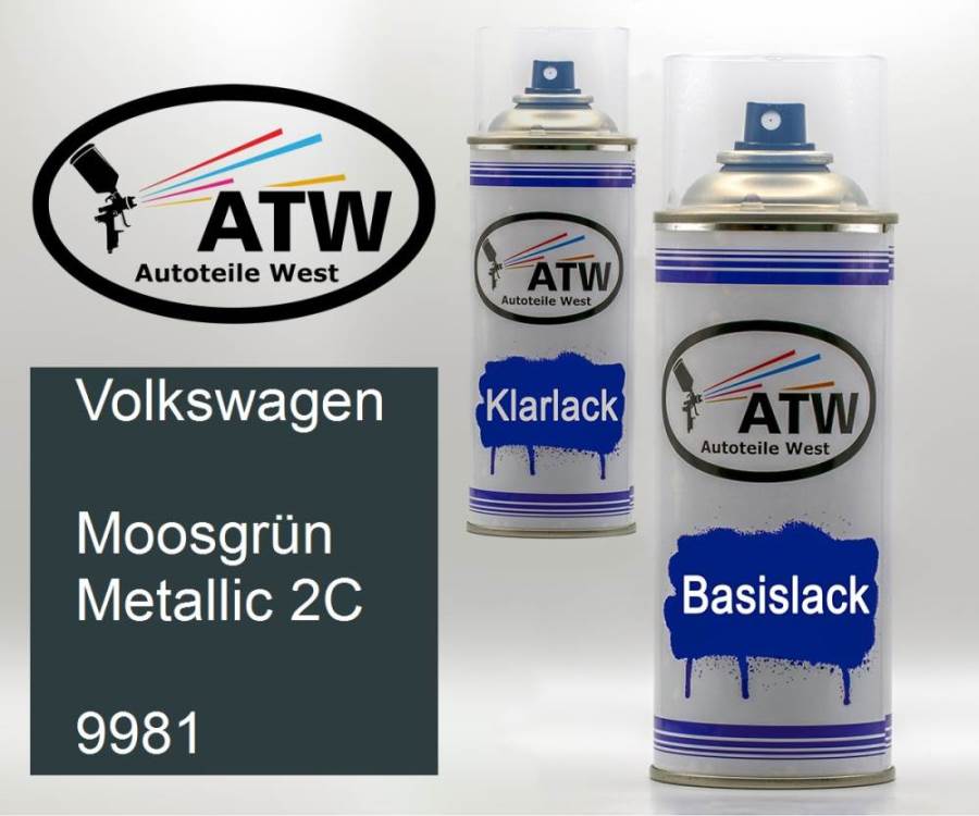 Volkswagen, Moosgrün Metallic 2C, 9981: 400ml Sprühdose + 400ml Klarlack - Set, von ATW Autoteile West.